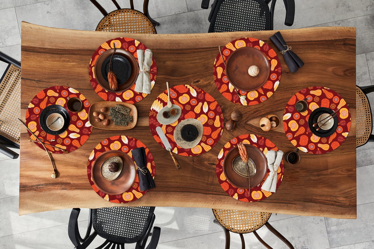 Ronde placemats - Onderlegger - Placemats rond - Pompoen - Maïs - Herfst - Patronen - 10 stuks