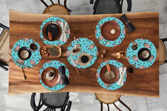 Sets de table ronds - Dessous de verre - Napperons ronds - Cupcake - Points - Fête - Motifs - 8 pièces