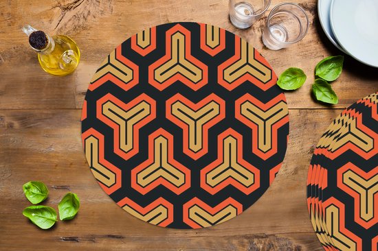 Set de 6 sets de table ronds avec un motif géométrique noir, doré et orange.