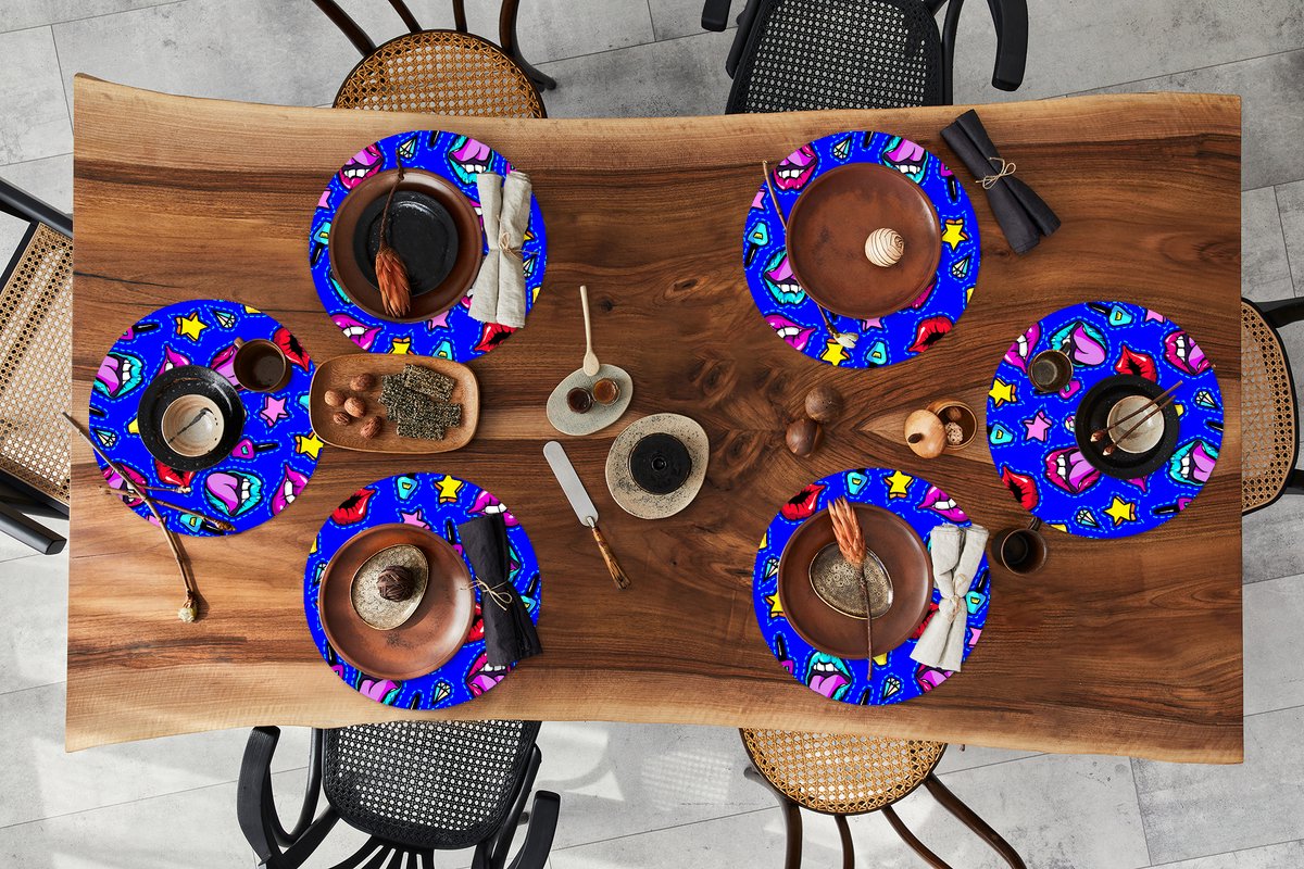 Ronde placemats - Onderlegger - Placemats rond - Patroon - Popart - Neon - Blauw - 6 stuks