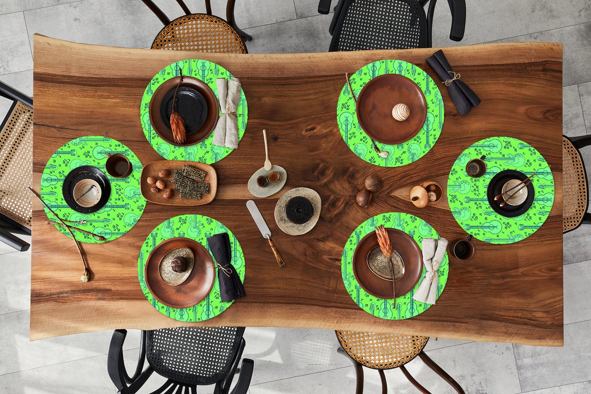 Ronde placemats - Onderlegger - Placemats rond - Gitaar - Patronen - Groen - 6 stuks