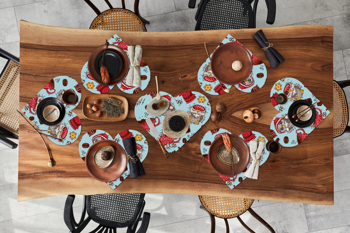 Onderleggers - Placemats - Placemats hartje - Patronen - Uil - Ontbijt - 10 stuks