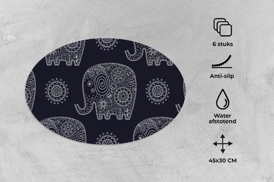 Napperons ovales - Sous-verres - Sets de table ovales - Motif - Éléphant - Fleurs - 6 pièces