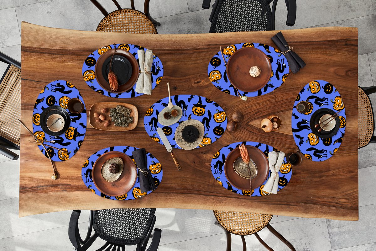 Placemats ovaal - Onderleggers - Ovale placemats - Halloween - Kat - Heks - 8 stuks