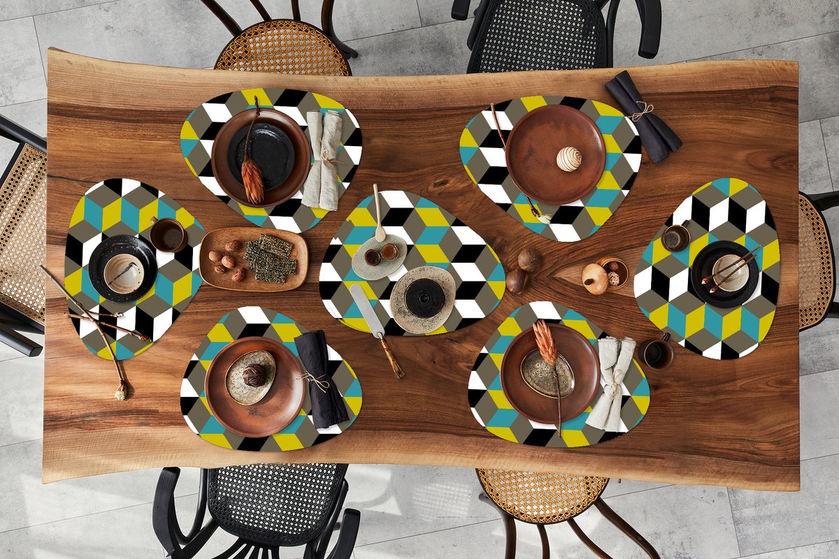 Placemat organisch - Placemats organic - Onderleggers - Blokken - Patronen - 3D - 8 stuks