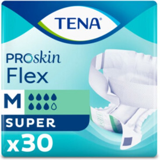 Verpakking TENA ProSkin Flex Super Medium, 30 stuks, met blauwgroene golvende opdruk.
