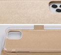 Étui de téléphone doré avec texture et gros plan de l'objectif de l'appareil photo.