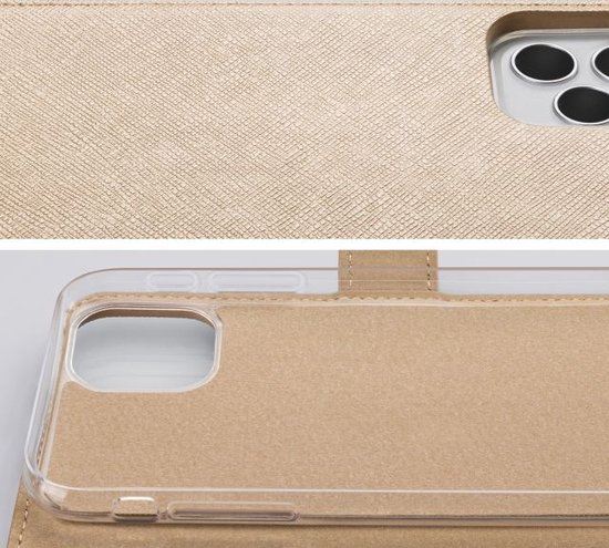 Étui de téléphone doré avec texture et gros plan de l'objectif de l'appareil photo.