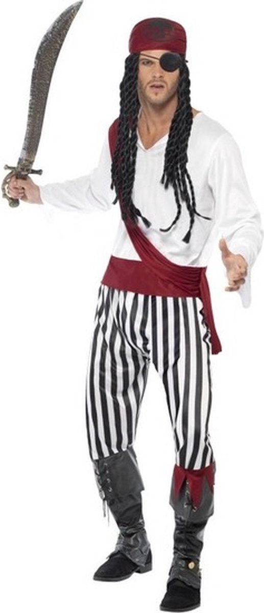Smiffys Carnaval verkleedkleding Piratenpak - heren - 4 delig - polyester - Piraat - zwart/wit 48/50