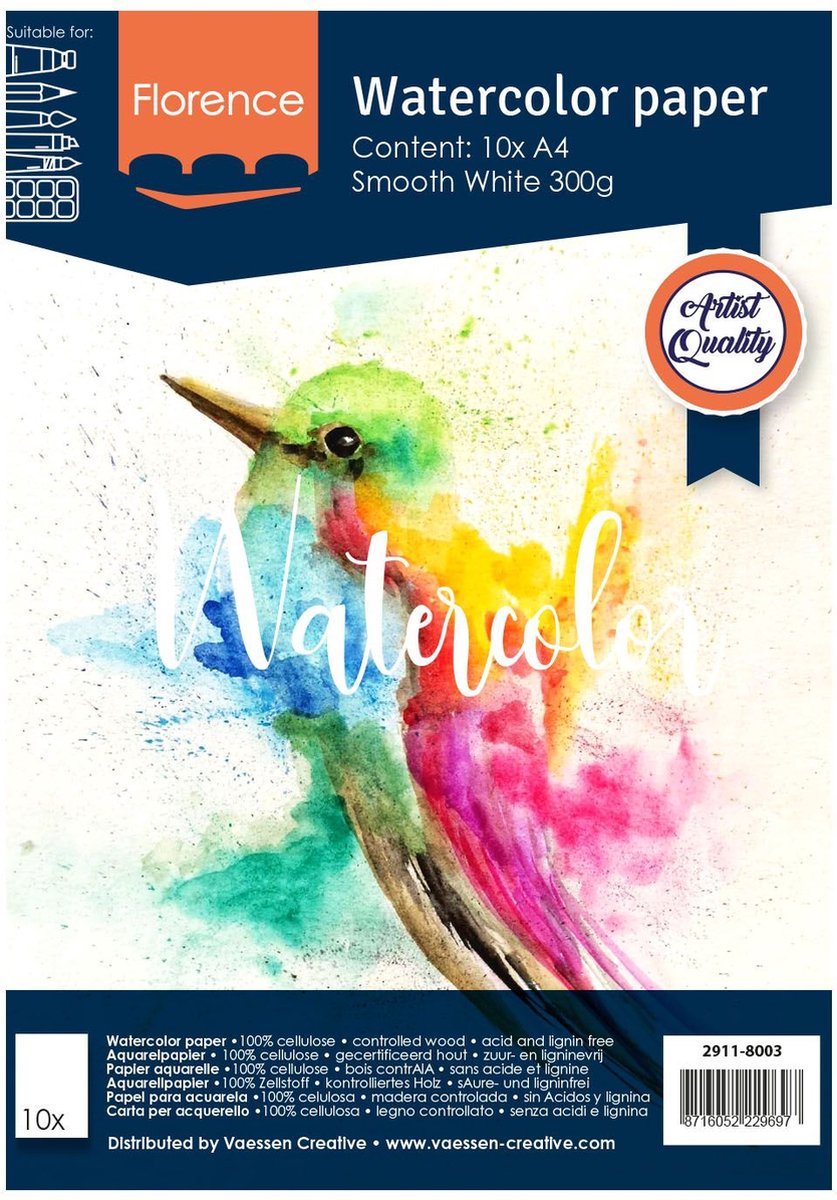 Aquarelpapier - Intense White - A4 - 300 grams - Gladde Structuur - Smooth - Florence - 10 vellen