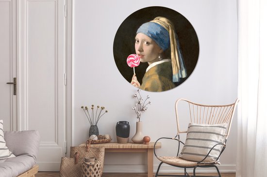 Anciens maîtres - Fille à la perle du vieux maître Johannes Vermeer avec sucette Assiette en plastique cercle mural - ⌀ 120 cm XXL /