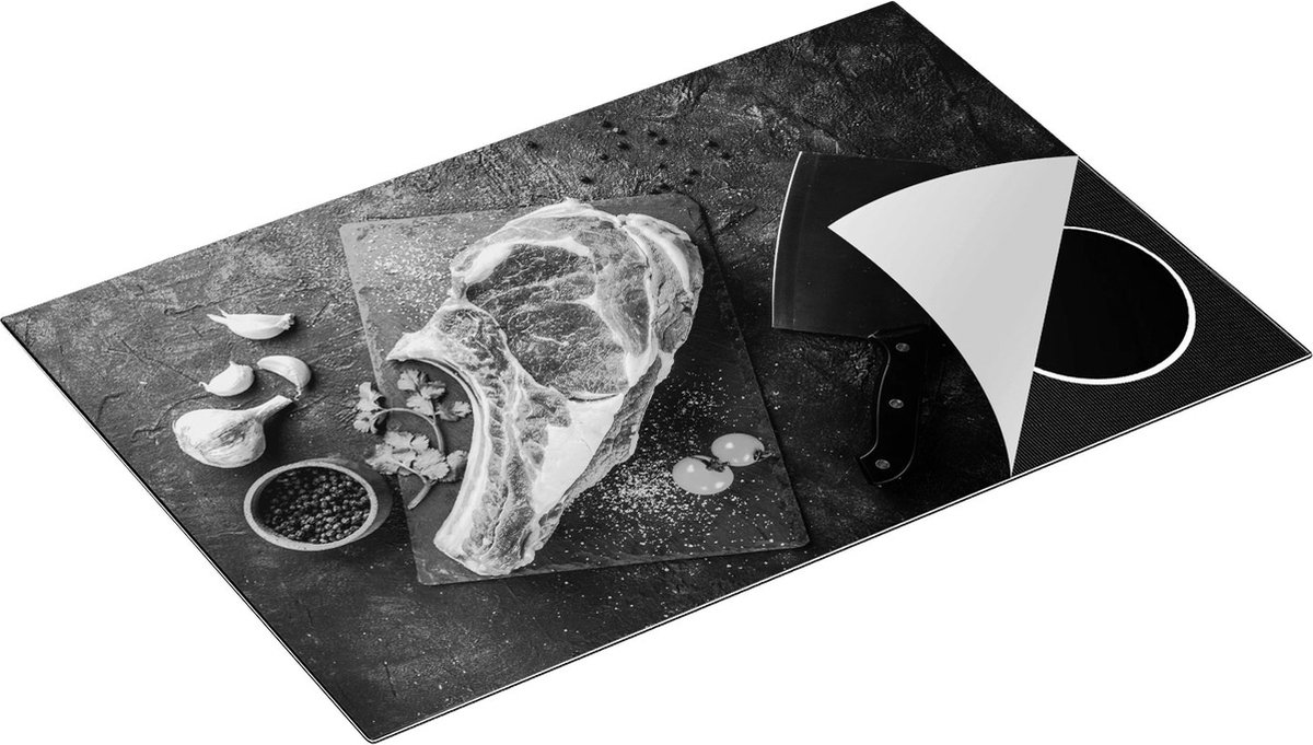 Chefcare Inductie Beschermer Vlees met een Mes op een Marmeren Plaat - Zwart Wit - 81,6x52,7 cm - Afdekplaat Inductie - Kookplaat Beschermer - Inductie Mat