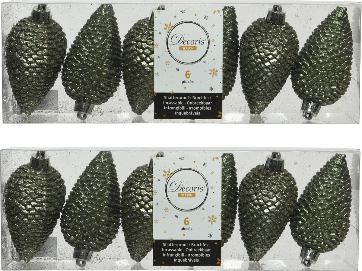 Decoris Kersthangers dennenappels - 24x st - mosgroen - glitter - 8 cm - kunststof - kerstversiering