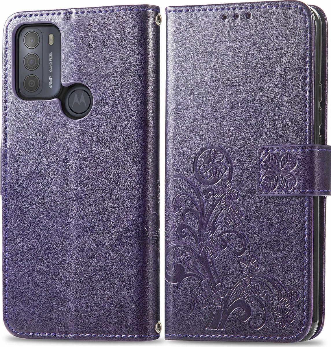 Mobigear Telefoonhoesje geschikt voor Motorola Moto G50 Hoesje | Mobigear Clover Bookcase Portemonnee | Pasjeshouder voor 3 Pasjes | Telefoonhoesje voor Pinpas / OV Kaart / Rijbewijs - Paars