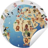 Tuincirkel Een cartoonillustratie van een ronde kaart van de wereld met symbolen - 90x90 cm - Ronde Tuinposter - Buiten