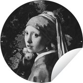 Tuincirkel Het meisje met de parel - Johannes Vermeer - Zwart - Wit - 120x120 cm - Ronde Tuinposter - Buiten XXL / Groot formaat!