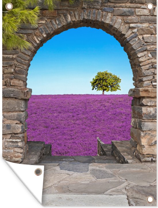 Affiche de jardin - Vue - Lavande - Arbre - Fleurs - Paysage - 90x120 cm - Décoration de clôture - Toile de jardin