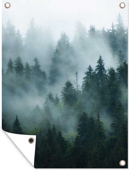 Tuinposter - Mist - Bomen - Bos - 90x120 cm - Schuttingposter - Natuur - Muurdecoratie - Wanddecoratie - Tuindoek - Buitenposter