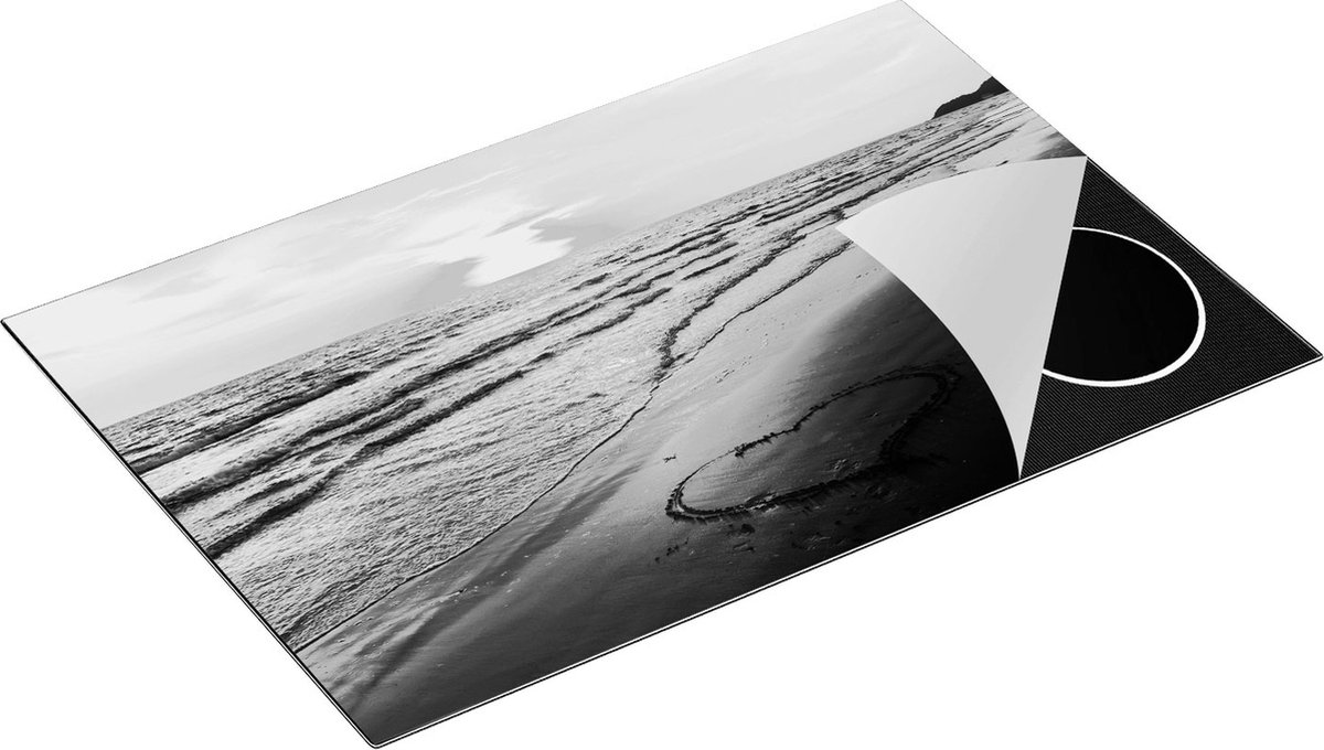 Chefcare Inductie Beschermer Zonsondergang op het Strand met een Hartje - Zwart Wit - 80x52 cm - Afdekplaat Inductie - Kookplaat Beschermer - Inductie Mat