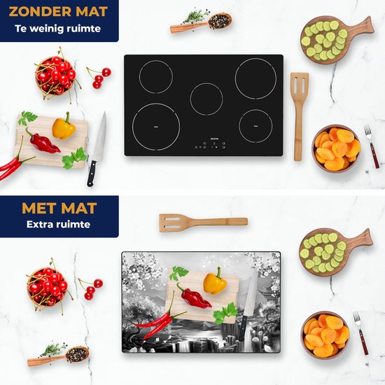 Chefcare Inductie Beschermer Illustratie van Watervallen met Bloesems - Zwart Wit - 80x50 cm - Afdekplaat Inductie - Kookplaat Beschermer - Inductie Mat