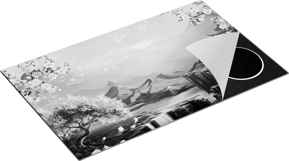 Chefcare Inductie Beschermer Illustratie van Watervallen met Bloesems - Zwart Wit - 85x50 cm - Afdekplaat Inductie - Kookplaat Beschermer - Inductie Mat