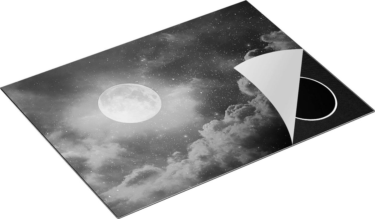 Chefcare Inductie Beschermer Volle Maan in de Blauwe Hemel met Sterren - Zwart Wit - 70x50 cm - Afdekplaat Inductie - Kookplaat Beschermer - Inductie Mat