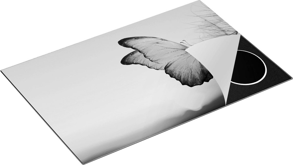 Chefcare Inductie Beschermer Blauwe Vlinder bij Paardenbloemen - Zwart Wit - 80x55 cm - Afdekplaat Inductie - Kookplaat Beschermer - Inductie Mat
