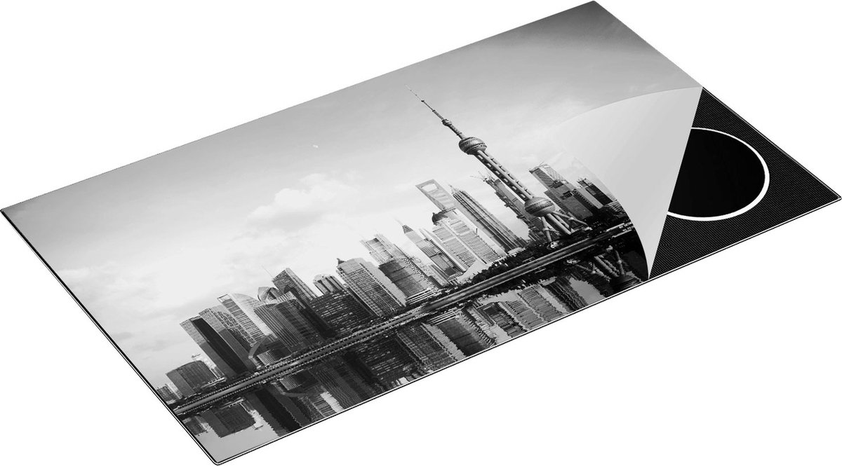 Chefcare Inductie Beschermer Shanghai Skyline in China - Zwart Wit - 90x50 cm - Afdekplaat Inductie - Kookplaat Beschermer - Inductie Mat