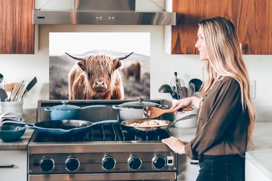 Spatscherm - Schotse Hooglander - Dieren - Koe - Natuur - Spatwand - Muurbeschermer - Achterwand keuken - Keuken - 60x40 cm - Spatscherm keuken