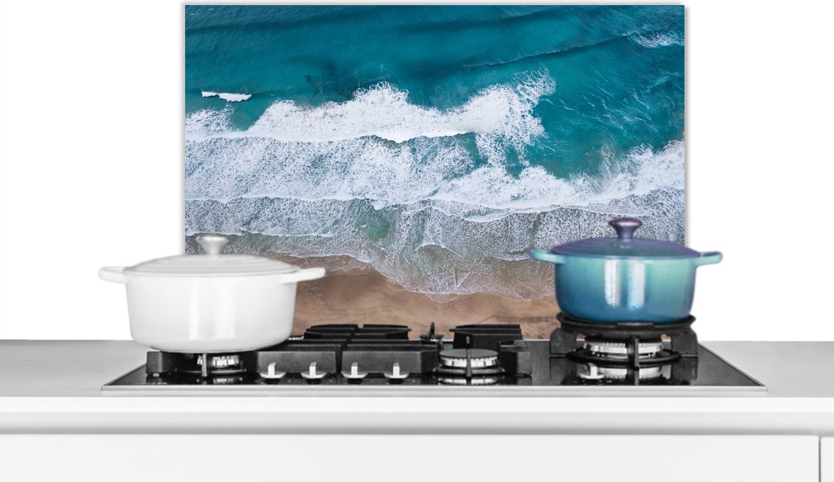 Spatscherm keuken 70x50 cm - Kookplaat achterwand Strand - Zee - Water - Blauw - Muurbeschermer - Spatwand fornuis - Hoogwaardig aluminium