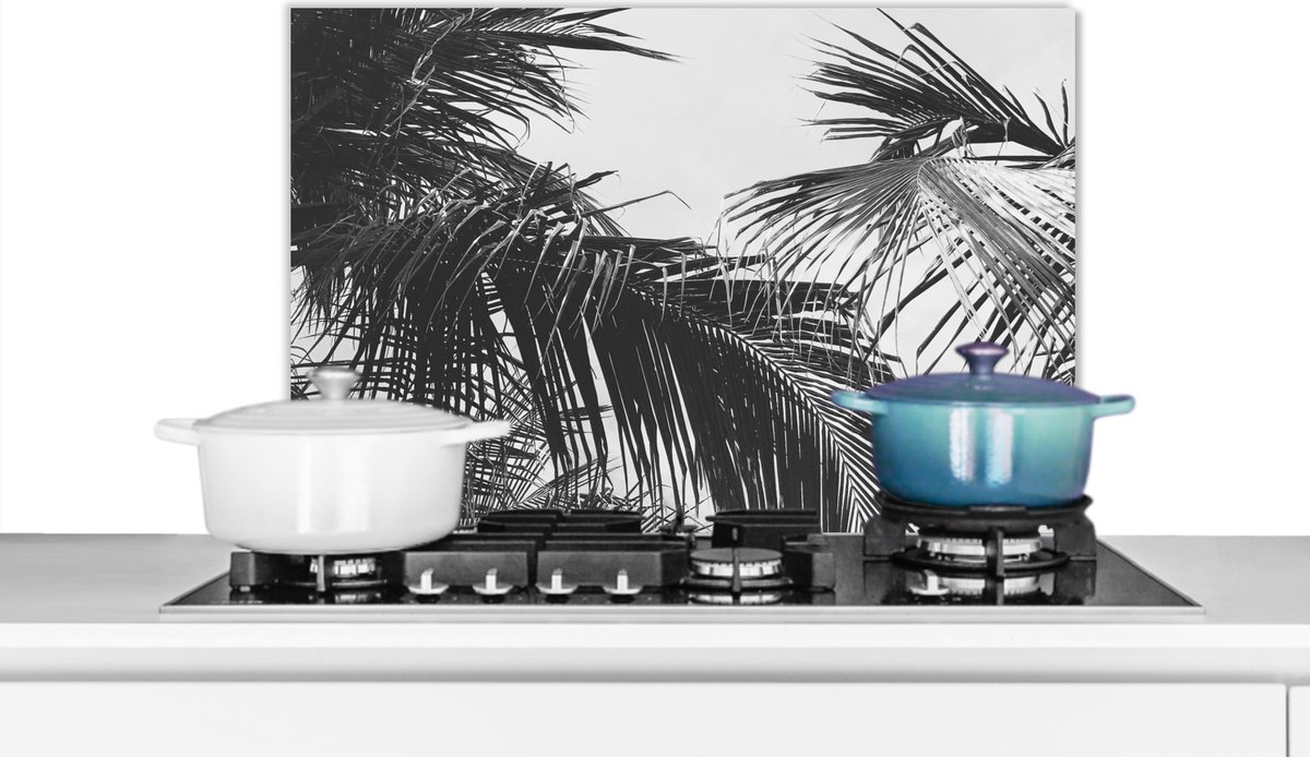 Spatscherm - Palmboom - Natuur - Zwart wit - Bladeren - Keuken - Spatwand- 70x50 cm