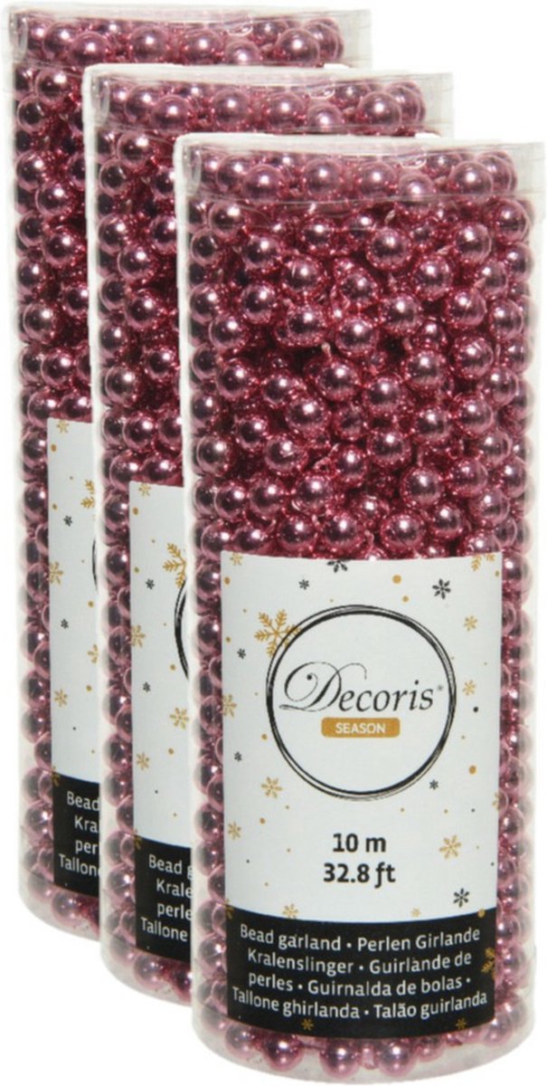 3x stuks kralenslingers kerstboom slingers/guirlandes lippenstift roze 10 meter