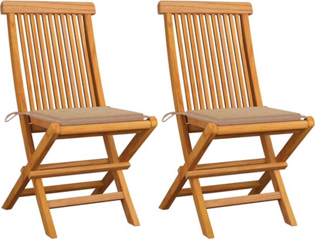 vidaXL - Tuinstoelen - 2 - st - met - beige - kussens - massief - teakhout