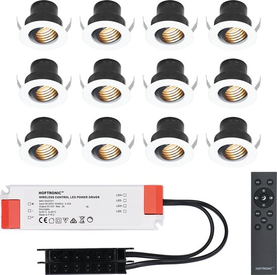 Set van 12 12V 3W - Mini LED Inbouwspot - Wit - Dimbaar - Kantelbaar & verzonken - Verandaverlichting - IP44 voor buiten - 2700K - Warm wit