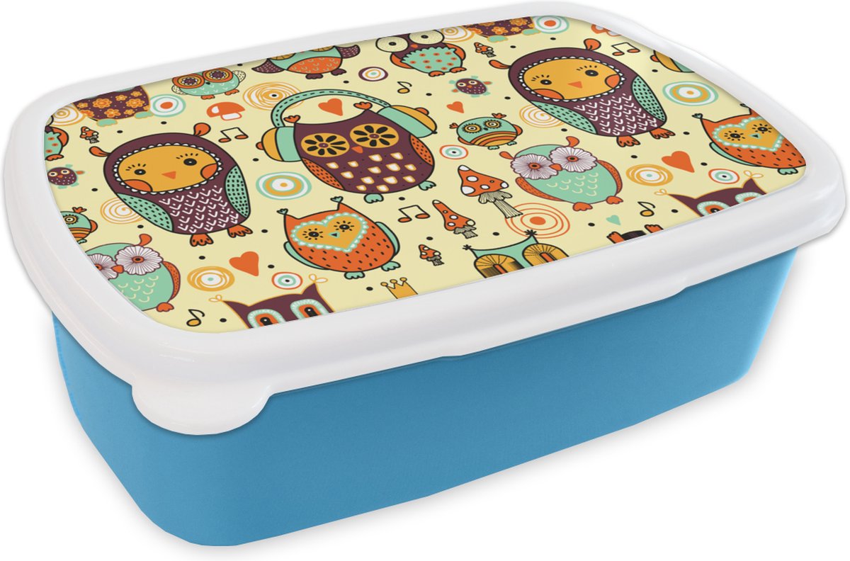 Broodtrommel Blauw - Lunchbox - Brooddoos - Uil - Koptelefoon - Patroon - 18x12x6 cm - Kinderen - Jongen