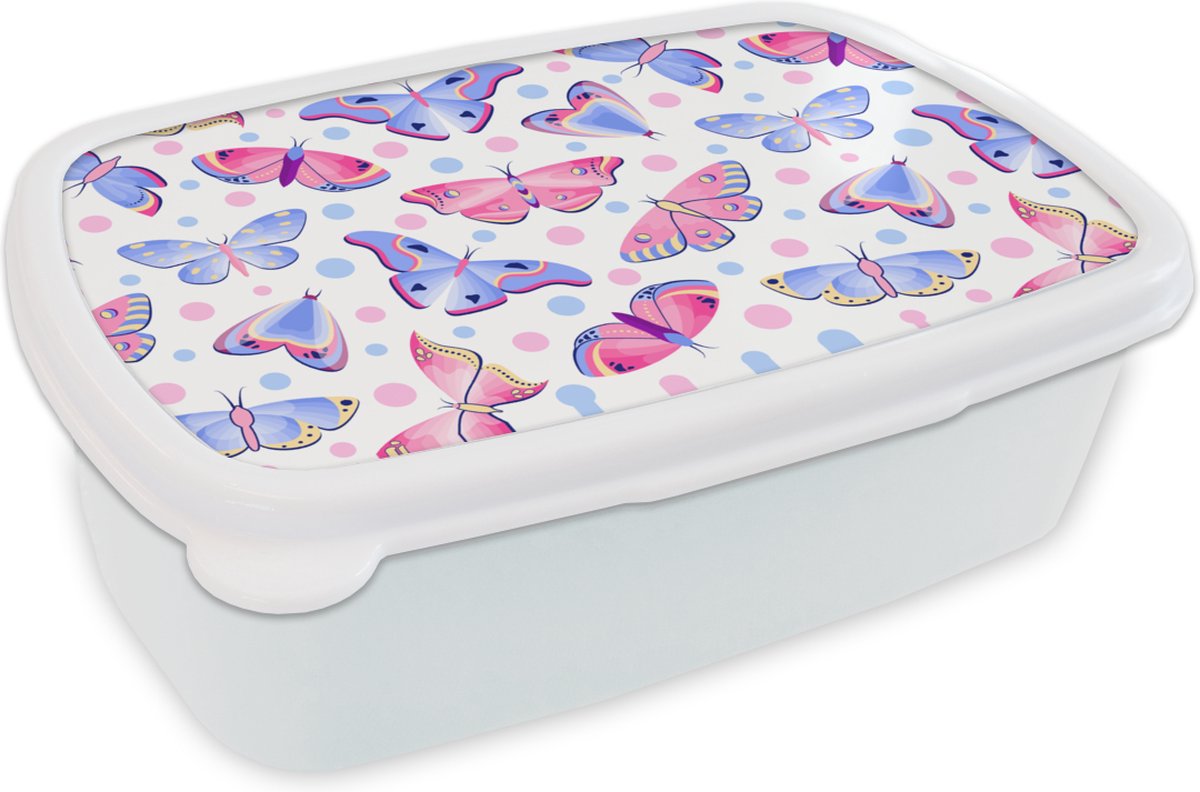Broodtrommel Wit - Lunchbox - Brooddoos - Vlinders - Stippen - Patronen - 18x12x6 cm - Volwassenen