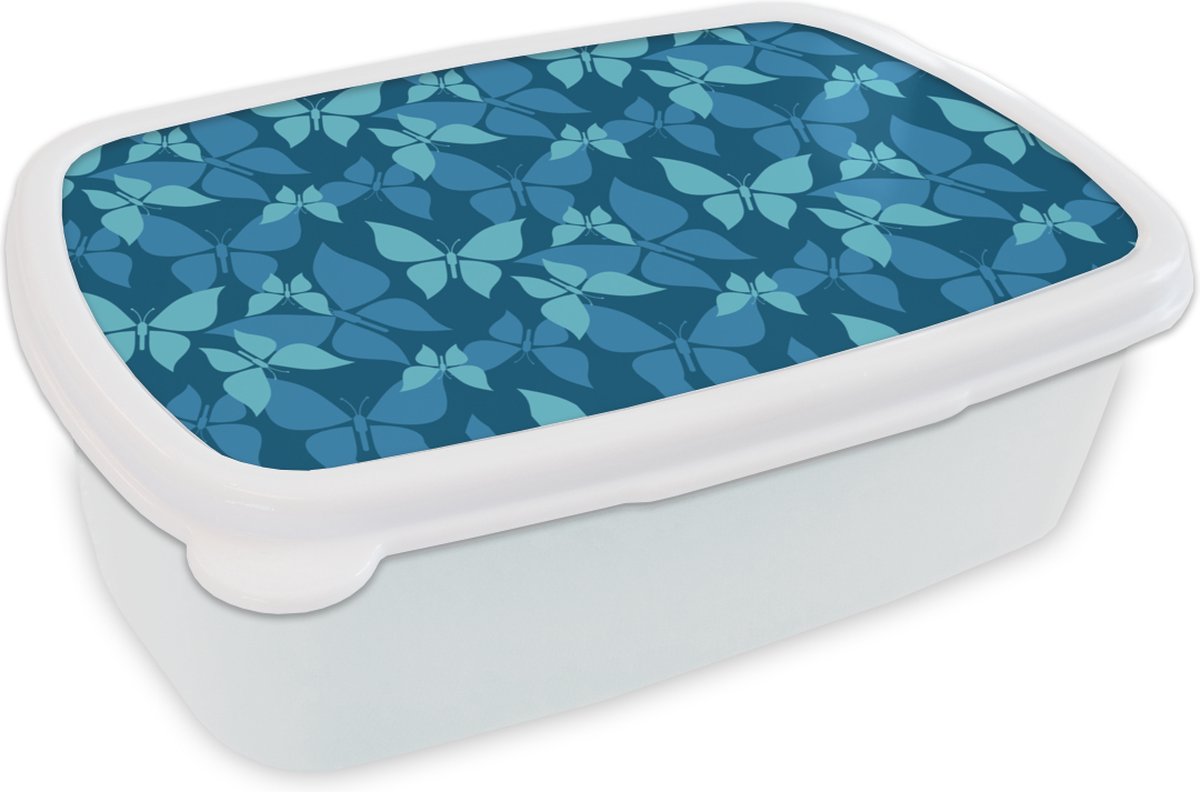 Broodtrommel Wit - Lunchbox - Brooddoos - Vlinders - Patronen - Blauw - 18x12x6 cm - Volwassenen