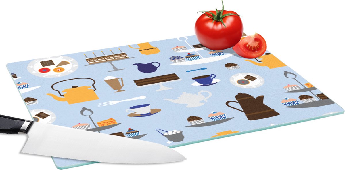 Glazen Snijplank - 39x28 - Patronen - Cupcake - Theepot - Thee - Snijplanken Glas