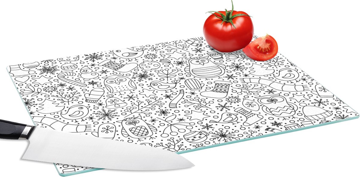 Glazen Snijplank - 39x28 - Design - Winter - Zwart - Wit - Kerst - Snijplanken Glas