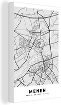 Canvas schilderij 90x140 cm - Wanddecoratie Stadskaart – Zwart Wit - Kaart – Menen – België – Plattegrond - Muurdecoratie woonkamer - Slaapkamer decoratie - Kamer accessoires - Schilderijen