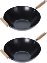 Set van 2x stuks wok pannen houten handvatten 35 cm - Steelwokken - Brander - Gas