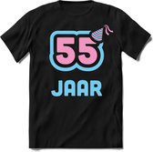 55 Jaar Feest kado T-Shirt Heren / Dames - Perfect Verjaardag Cadeau Shirt - Licht Blauw / Licht Roze - Maat XL