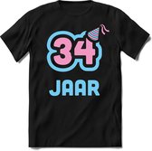 34 Jaar Feest kado T-Shirt Heren / Dames - Perfect Verjaardag Cadeau Shirt - Licht Blauw / Licht Roze - Maat XXL