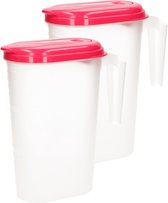 2x pichet à eau/pichet à jus transparent/rose fuschia avec couvercle 1,6 litre en plastique - Pichet étroit qui tient dans la porte du réfrigérateur