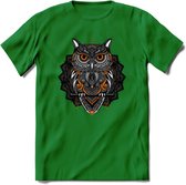 Uil - Dieren Mandala T-Shirt | Oranje | Grappig Verjaardag Zentangle Dierenkop Cadeau Shirt | Dames - Heren - Unisex | Wildlife Tshirt Kleding Kado | - Donker Groen - M