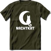 Nachtkat- Katten T-Shirt Kleding Cadeau | Dames - Heren - Unisex | Kat / Dieren shirt | Grappig Verjaardag kado | Tshirt Met Print | - Leger Groen - S