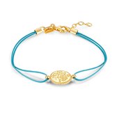 Twice As Nice Armband in verguld zilver, ronde met levensboom, turquoise koord  17 cm+2 cm