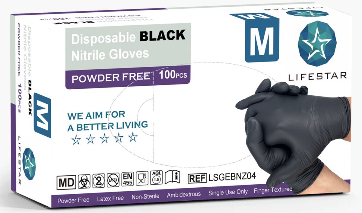Goedkoopste Handschoenen Nitril Poedervrij Zwart M 100 stuks