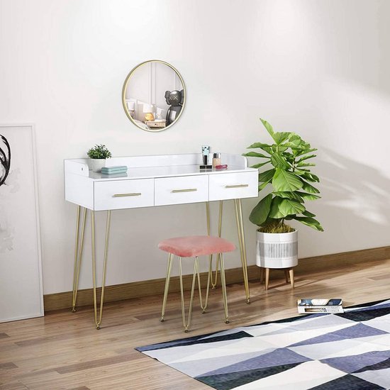 Witte kaptafel met 5 lades, spiegel en kruk, LED-verlichting en 1 deur, gouden handgrepen
