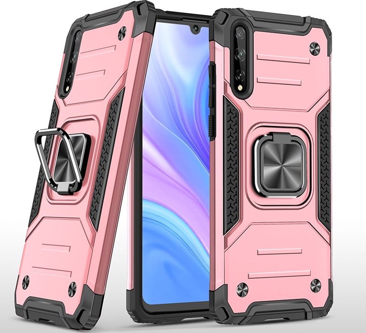 Mobigear Hoesje geschikt voor Huawei P Smart S Telefoonhoesje Hardcase | Mobigear Armor Ring Backcover Shockproof met Ringhouder | Schokbestendig P Smart S Telefoonhoesje | Anti Shock Proof - Roségoud
